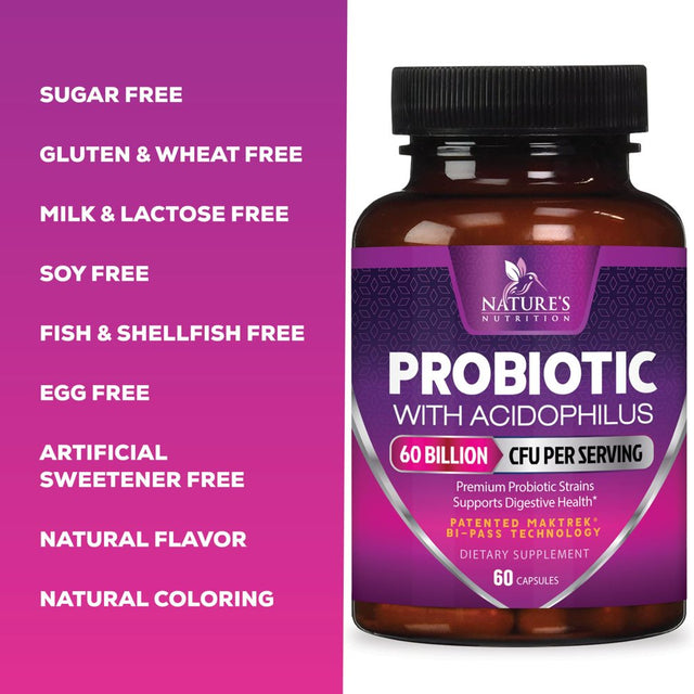 Probiotics, 60 Billion CFU per Serving, Probiotic with Prebiotics for Digestive & Immune Health Support for Women & Men - Nature'S Supplement Is Shelf Stable, Soy, Dairy & Gluten Free - 60 Capsules