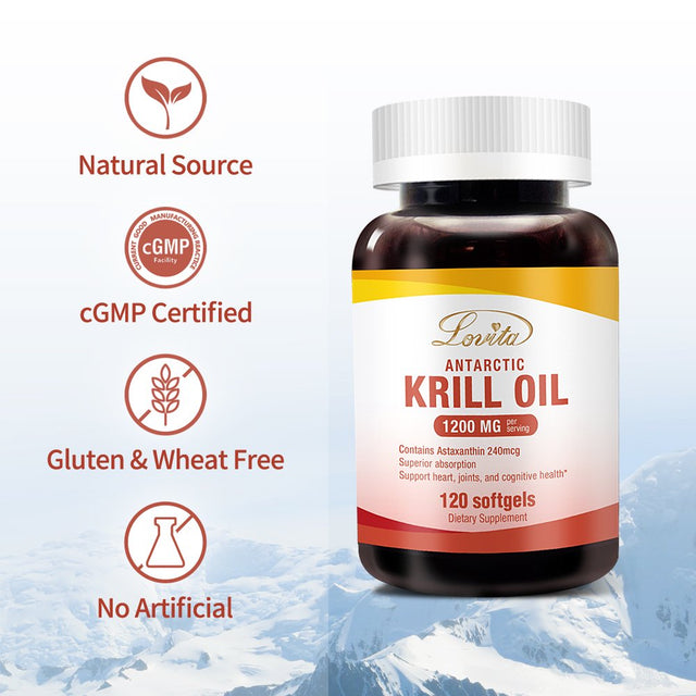 Lovita Krill Oil 1200Mg with Astaxanthin, EPA DHA Omega 3 Supplement, anti Inflammatory Supplement for Brain Booster, Joint Health and Cardiovascular Health, 120 Krill Oil Softgels