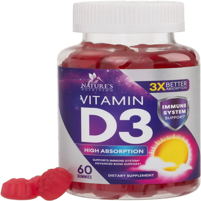 Vitamin D3 Gummy Vitamins Extra Strength 5000 IU (125 Mcg) High Potency Vita D Gummies Dietary Supplement - Bone, Teeth, Muscle & Immune Support, Nature'S Vitamin D Supplement, Non-Gmo - 60 Gummies