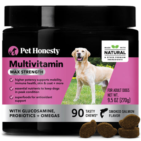 Pet Honesty Dog, Max Strength 10 in 1 Multivitamin Supplement W Glucosamine Probiotics and Omegas, Smoked Salmon Flavor, 90 Count Soft Chews