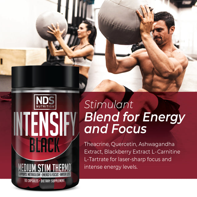 NDS Nutrition Intensify Black - Thermogenic Blend with Teacrine for Fat and Water Loss - Boost Metabolism, Burn Calories, Help Suppress Appetite - Improve Body Tone, Muscle Definition - 90 Capsules