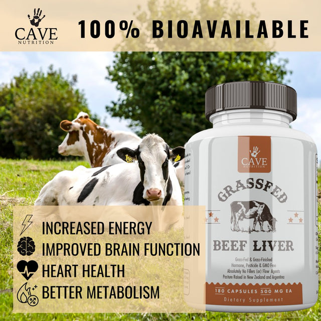 Grass Fed Desiccated Beef Liver Capsules (180 Pills, 600Mg Each) - Natural Iron, Vitamin A, B12 for Energy - Humanely Pasture Raised Undefatted in New Zealand and Argentina without Hormones