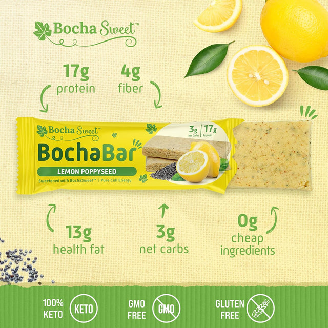 Bochasweet Keto Protein Bar, Lemon Poppyseed Bochabar, 17G Grass Fed Collagen, Low Carb, Keto-Friendly, Gluten Free, 4 Count