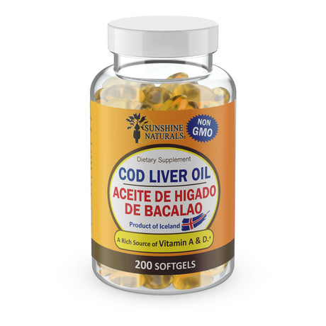 Sunshine Naturals Cod Liver Oil, Aceite De Higado De Bacalao, Immune System Health, Dietary Supplement, 200 Softgels