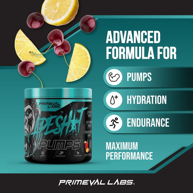 Primeval Labs Ape Pumps Natural Pre Workout Powder | Caffeine Free Preworkout for Endurance, Muscle Growth, Strength & Hydration Beta Alanine, L Citrulline, Agmatine | Cherry Lemonade 40 Servings