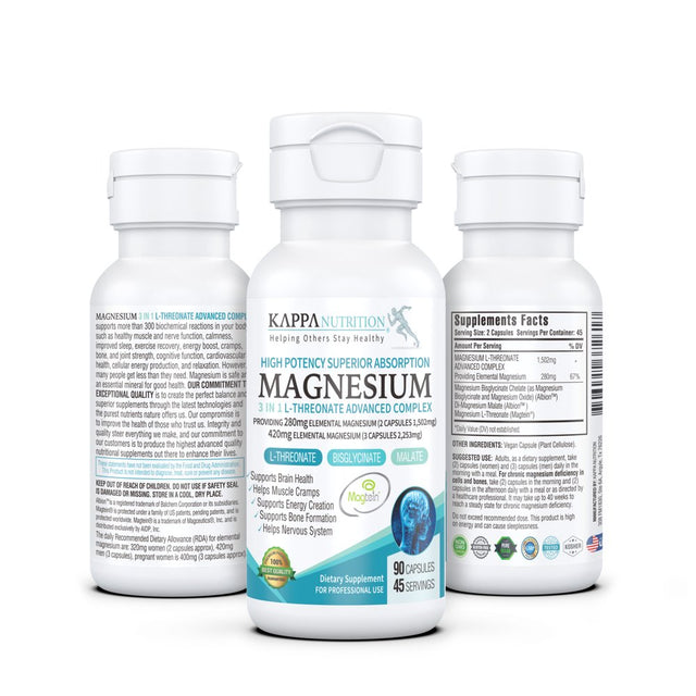 Magnesium, L-Threonate (90 Capsules), 2,253Mg per Serving, Providing 420Mg Elemental, Bisglycinate Chelate, Malate, for Brain, Sleep, Stress, Cramps, Headaches, Energy, Heart, from Kappa Nutrition.