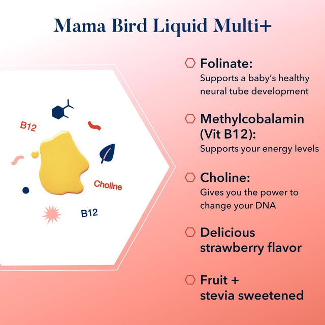 Mama Bird Prenatal Liquid Multi+ Vitamins, Methylfolate, Strawberry Flavor, Best Nest Wellness, 16 Oz