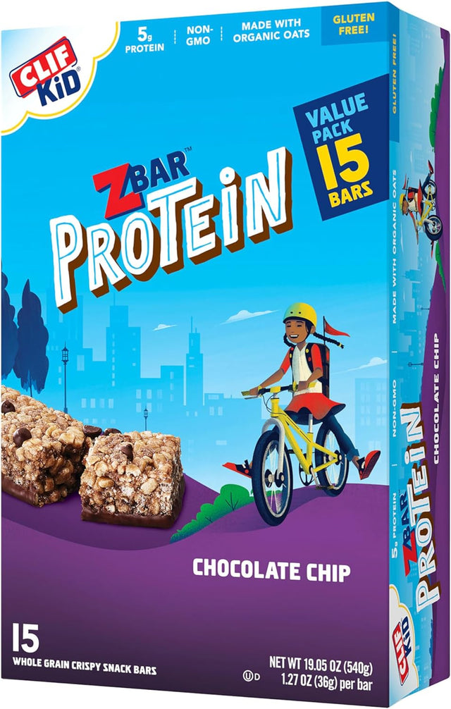 CLIF Kid Zbar Protein - Chocolate Chip - Crispy Whole Grain Snack Bars - Made with Organic Oats - Non-Gmo - 5G Protein - 1.27 Oz. (15 Pack)