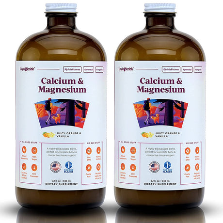 Liquid Health 2 Pack Calcium & Magnesium, Vitamin D3, Liquid Supplement Joint and Bones Tissue Support, Citrate Vegetarian Natural Non GMO - 32 Fl Oz.