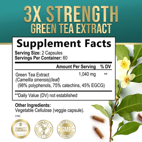 Nature'S Green Tea Extract Pills 98% Standardized EGCG 1000Mg - 3X Strength for Natural Energy & Supports Heart Antioxidant Health - Herbal Supplement with Polyphenols, Vegan, Non-Gmo - 120 Capsules