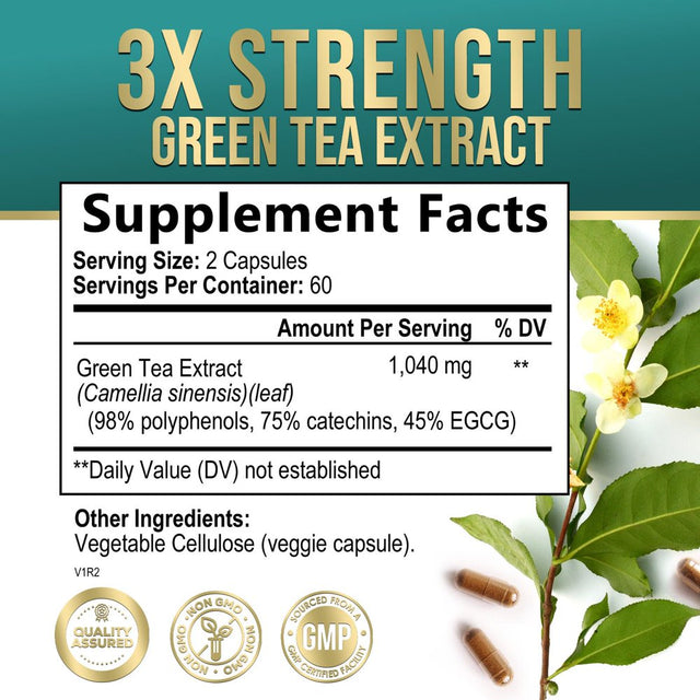 Nature'S Green Tea Extract Pills 98% Standardized EGCG 1000Mg - 3X Strength for Natural Energy & Supports Heart Antioxidant Health - Herbal Supplement with Polyphenols, Vegan, Non-Gmo - 120 Capsules