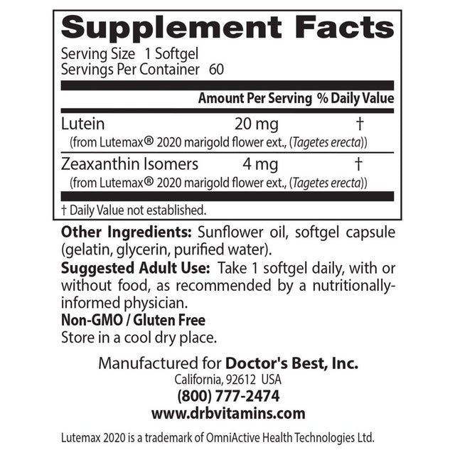 Doctor'S Best Lutein Featuring Lutemax, Non-Gmo, Gluten Free, Soy Free, Eye Health, 20 Mg, 60 Softgels