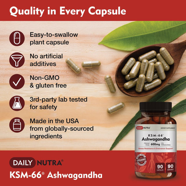 KSM-66 Ashwagandha by Dailynutra - 600Mg Organic Root Extract - High Potency Supplement with 5% Withanolides | Stress Relief, Increased Energy and Focus (90 Capsules)