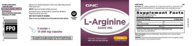 GNC L-Arginine 5000Mg - Orange, Twin Pack, 30 Servings per Container, Increases Nitric Oxide Productioin