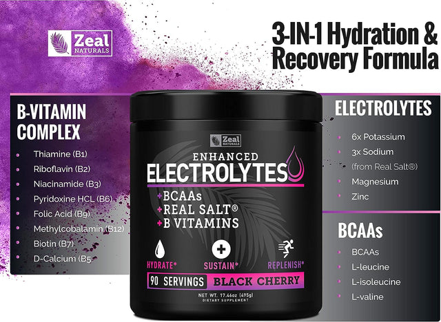 Enhanced Electrolyte Powder (Black Cherry| 90Ct.) Sugar Free + BCAA, B-Vitamins & Real Salt® - Keto Electrolytes Drinks, Hydration Powder W Potassium, Sodium, Zinc, Magnesium for Hydration & Recovery