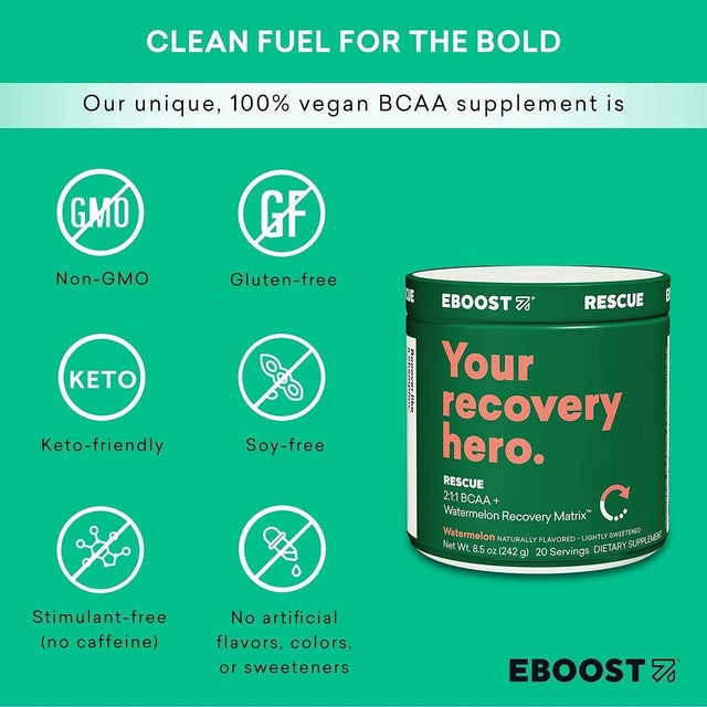 EBOOST Rescue Natural Vegan BCAA Recovery Powder Supplement - 20 Servings - Naturally Flavored Watermelon - 2:1:1 Ratio Amino Acids for Muscle Recovery - Pre and Post Workout for Men & Women