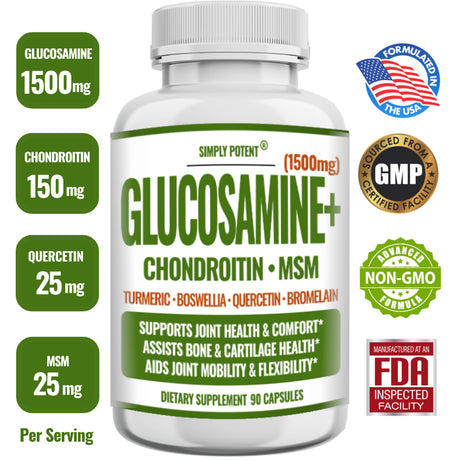 Glucosamine with Chondroitin, Turmeric, MSM & Boswellia, Supports Joint Health & Discomfort Relief, Assists Bone and Cartilage Health, Supplement for Back, Knees, Hands, 90 Capsules