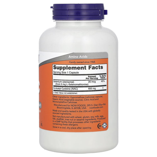 NOW Supplements, NAC (N-Acetyl Cysteine) 600 Mg with Selenium & Molybdenum, 250 Veg Capsules