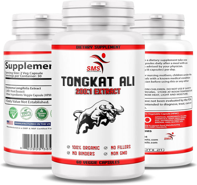 Tongkat Ali 200:1 as Long Jack Extract (Eurycoma Longifolia), 1000Mg per Serving, 60 Veggie Capsules, Supports Energy, Stamina and Immune System for Men and Women, Indonesia Origin, Non-Gmo