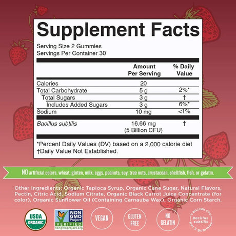 Maryruth'S | USDA Organic Adult Probiotic Gummies for Men & Women | 5 Billion CFU | Digestive & Gut Health Supplement | Strawberry | Vegan, Non-Gmo | 60 Count