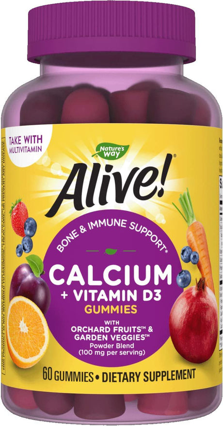 Nature'S Way Alive! Premium Calcium + D3 Gummies, Supports Healthy Bones & Muscles*, Strawberry and Raspberry Lemonade Flavored, 60 Gummies