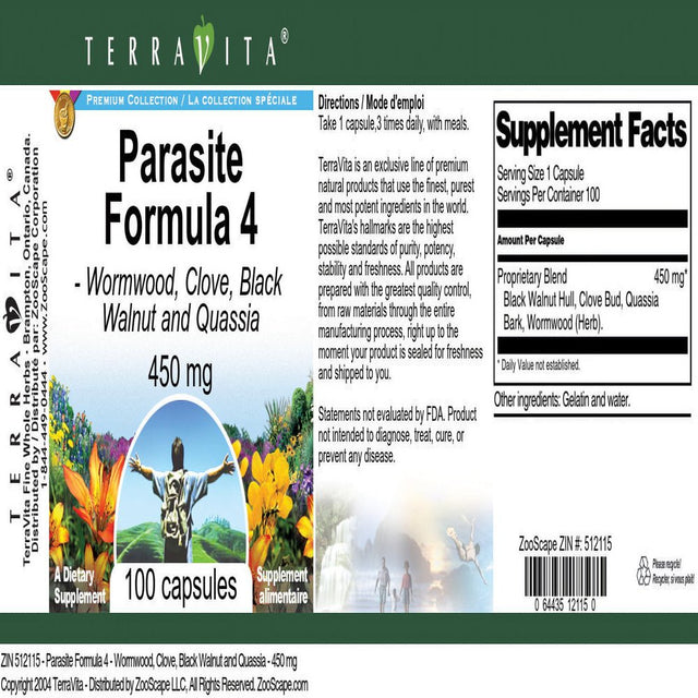 Terravita Parasite Formula 4 - Wormwood, Clove, Black Walnut and Quassia - 450 Mg, (100 Capsules, 2-Pack, Zin: 512115)