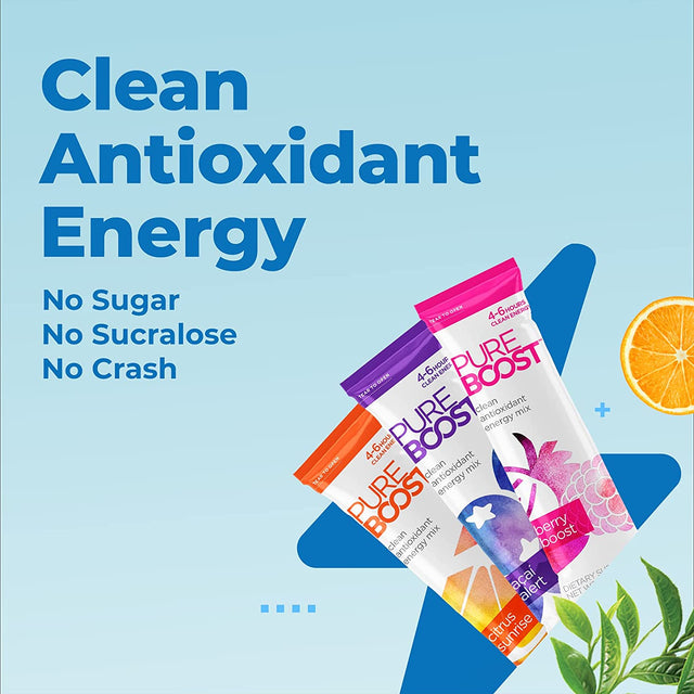 Pureboost Clean Energy and Superfoods Bundle. 60 Stick Packs Boosted with B12, Vitamin C and More. Fruity Combo Pack + Green Mojo Includes 7 Organic Supergreens.