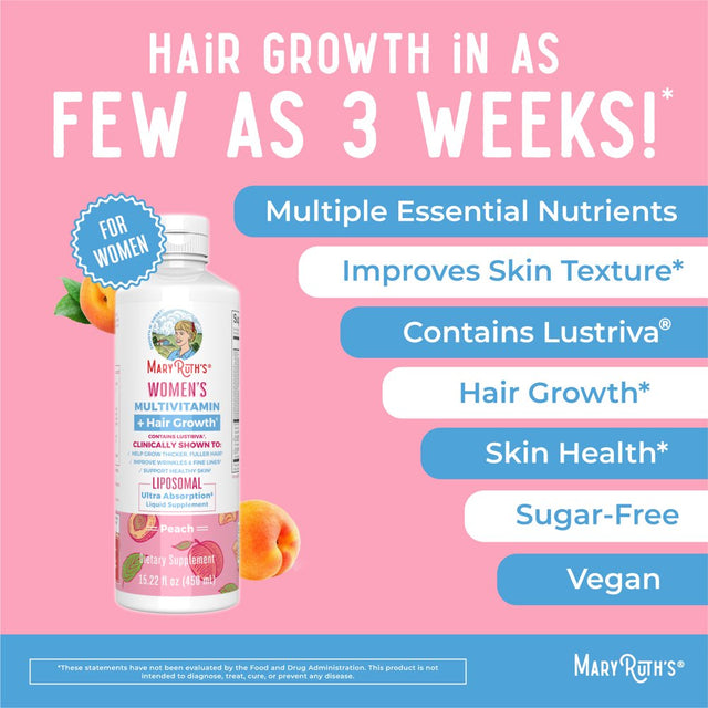 Maryruth Organics | Women'S Multivitamin Liposomal + Lustriva | Hair Growth, Healthy Skin | Vegan, Sugar Free | Peach Flavor | 15.22 Fl Oz