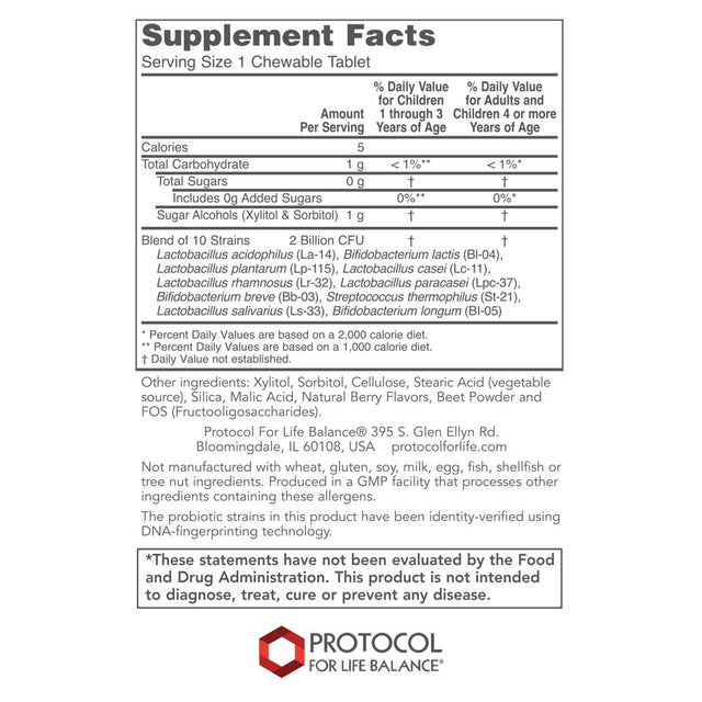 Protocol for Life Balance - Chewable Probiotic (For Adults and Children) - Supports Healthy Immune/Digestive System Function, Weight Loss, and Upset Stomach - Sweetened with Xylitol - 90 Chewables