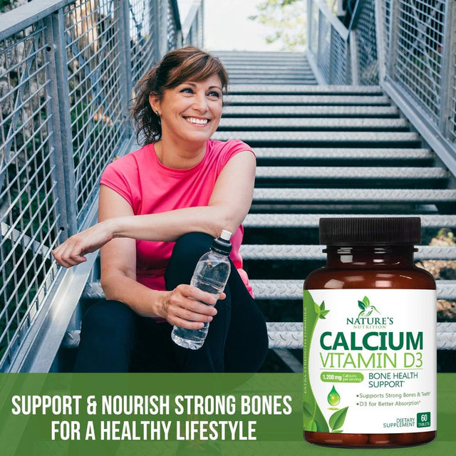 Calcium 1200 Mg plus Vitamin D3, Bone Health & Immune Support - Nature'S Calcium Supplement with Extra Strength Vitamin D for Extra Strength Carbonate Absorption Dietary Supplement - 60 Tablets