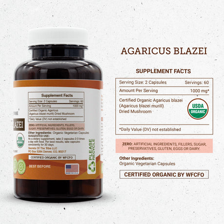 Secrets of the Tribe Agaricus Blazei 120 Capsules, Bisporus, Champignon Regenerative Capabilities and Hair Growth 500 Mg