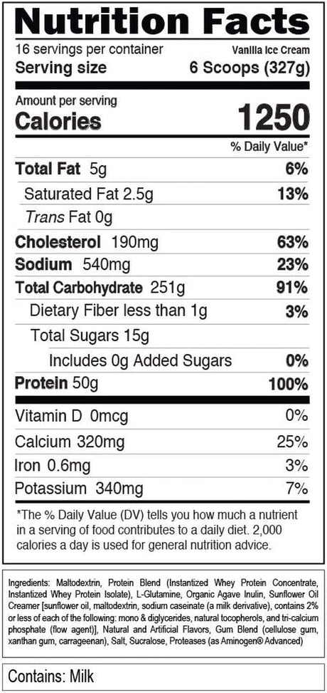 Evlution Nutrition Stacked Protein Gainer, Whey Protein Powder Complex, 50 Grams Protein, 250 Grams Carbohydrates, Build Muscle, Recovery, Post Workout, Gluten-Free (Vanilla Ice Cream, 12 LB)