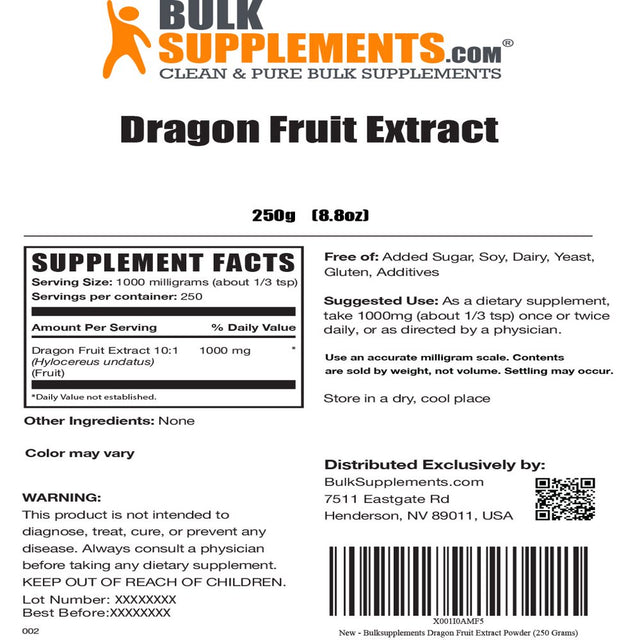 Bulksupplements.Com Dragon Fruit Extract Powder, 1000Mg - Hair, Skin, & Teeth Support (250G - 250 Servings)