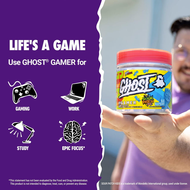 GHOST Gamer: Energy and Focus Support Formula - 40 Servings, Sour Patch Kids Blue Raspberry - Nootropics & Natural Caffeine for Attention, Accuracy & Reaction Time - Vegan, Gluten-Free