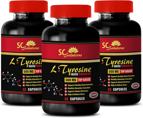 Blood Pressure Longevity - L TYROSINE 500MG - Mood Enhancer - Brain Booster Vitamins - 3 Bottles (180 Capsules)