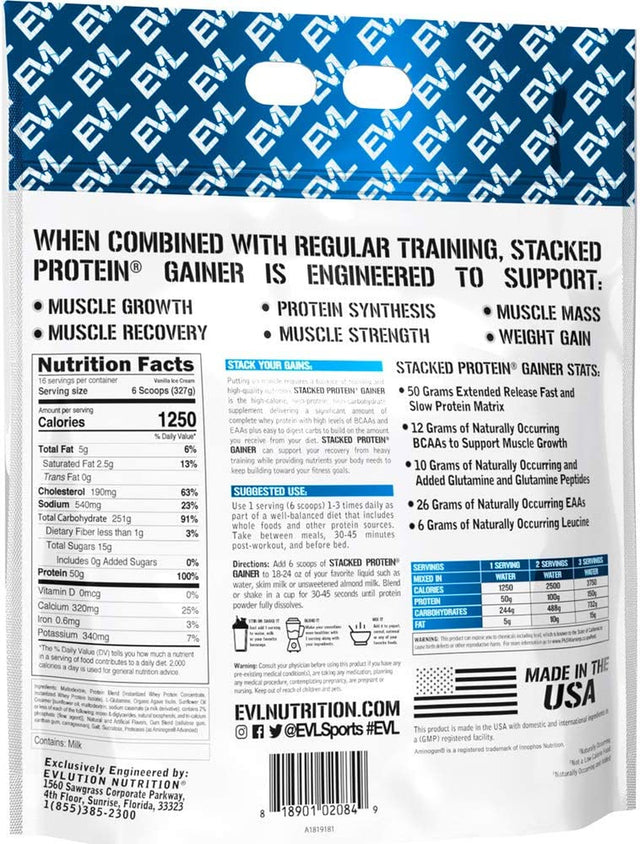 Evlution Nutrition Stacked Protein Gainer, Whey Protein Powder Complex, 50 Grams Protein, 250 Grams Carbohydrates, Build Muscle, Recovery, Post Workout, Gluten-Free (Vanilla Ice Cream, 12 LB)