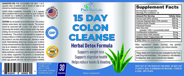 15 Day Colon Cleanse and Detox, Herbal Detox Formula, Supports Weight Loss, Constipation Relief - Boosts Energy. Flush Toxins, Natural Safe Colon Cleanser for Men and Women - 30 Capsules