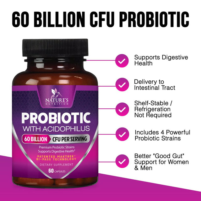 Probiotics, 60 Billion CFU per Serving, Probiotic with Prebiotics for Digestive & Immune Health Support for Women & Men - Nature'S Supplement Is Shelf Stable, Soy, Dairy & Gluten Free - 60 Capsules