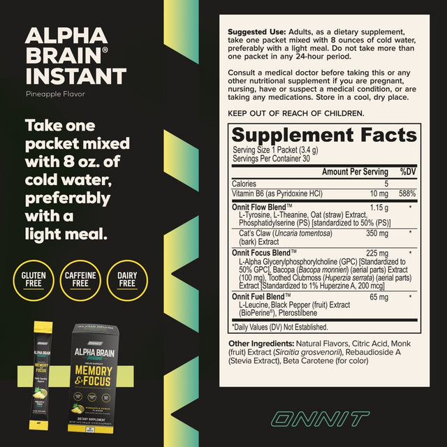 ONNIT Alpha BRAIN Instant Nootropic Brain Pineapple Punch Drink Mix, Memory/Focus Supplement, 30 Ct