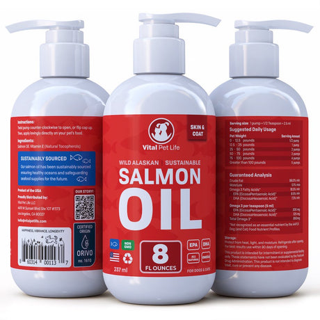 Vital Pet Life Salmon Oil for Dogs and Cats, Wild Alaskan Supports Healthy Skin Coat and Joints, Natural Allergy and Inflammation Defense, 8 Oz.