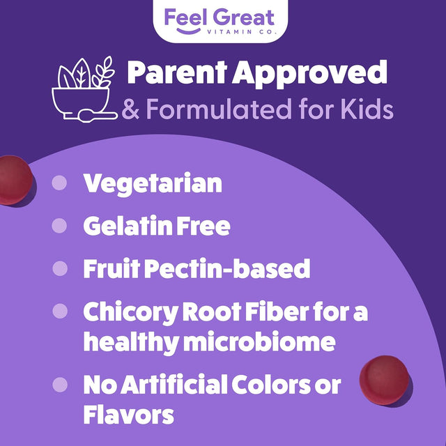 Feel Great Fiber Gummies for Kids Digestive Support | Constipation Relief for Kids | Fruity Flavored Chewable Kids Fiber Gummies | Vegetarian Supplements | 60 Day Supply