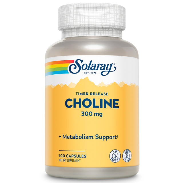 Solaray Choline, Two-Stage Timed-Release 300Mg | B Vitamin for Healthy Brain Function & Cardiovascular Support | Non-Gmo | 100 Capsules