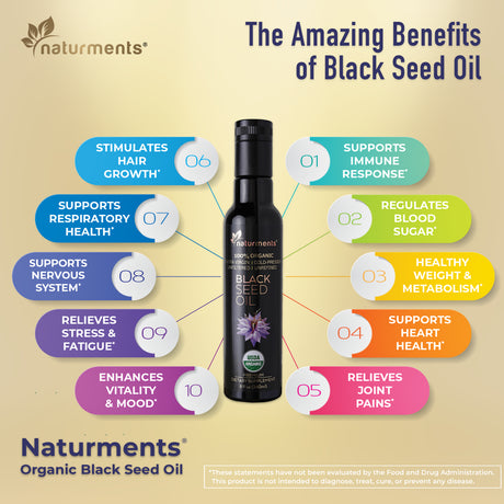 Naturments Premium Black Seed Oil USDA Certified 100% Organic Cold Pressed for Potency Non-Gmo Vegan Gluten Free Cruelty Free Nigella Sativa Oil for Immune Joints Digestion Hair & Skin 8Oz