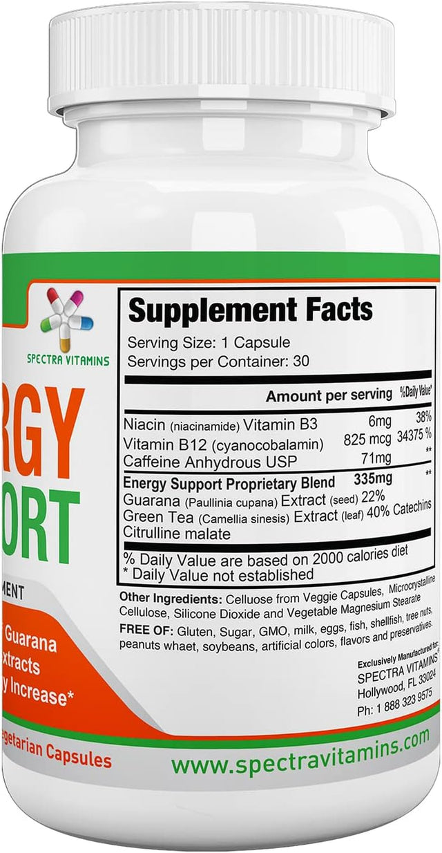 Natural Energy Support 30 Capsules - Guarana Capsules - Vitamin B12 - Guarana and Green Tea Extracts - Citrulline Energy Supplements with Natural Energy Booster