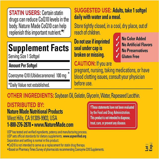 Nature Made Coq10 100 Mg, Dietary Supplements for Heart Health and Cellular Energy Production, 72 Softgels, 72 Day Supply