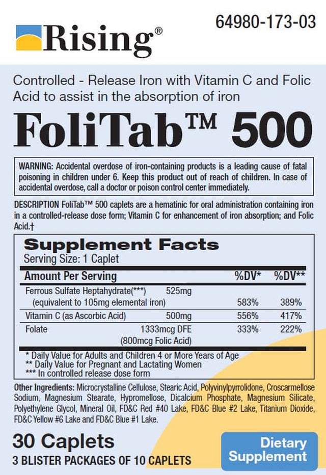 Rising Pharma - Folitab 500 - Elemental Iron with Vitamin C and Folic Acid - 30 Caplets - Helps with Iron Deficiency