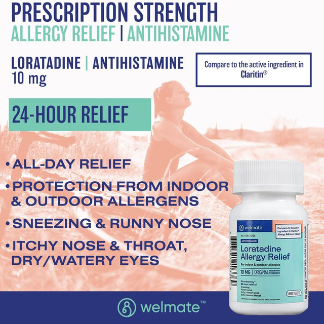 WELMATE Antihistamine Allergy Relief - Loratadine 10Mg - 24 Hour Relief - 100 Count Tablets