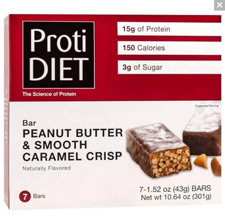 Protidiet - High Protein Diet Bar | Peanut Butter & Smooth Caramel Crisp | Low Calorie, High Fiber, Aspartame Free ( 7/Box )