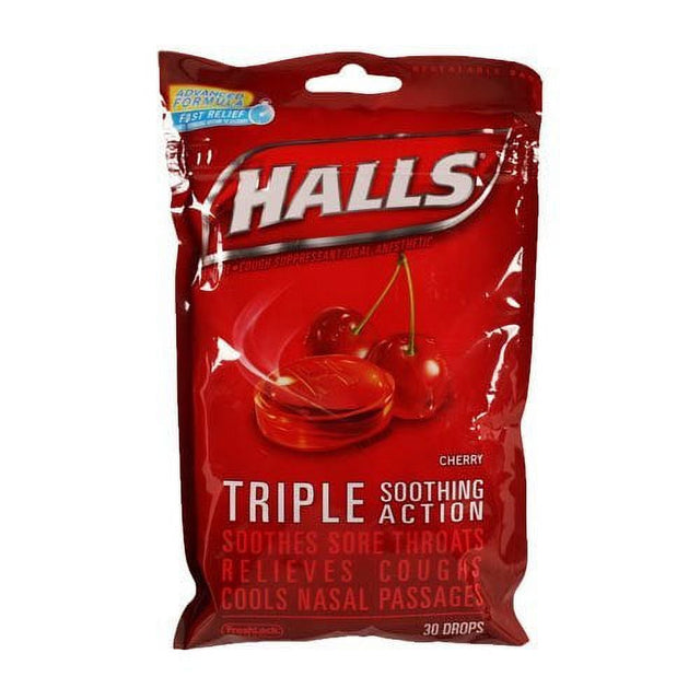 Halls Triple Soothing Action Cough Drops, Cherry, 30 Ct (6 Pack)