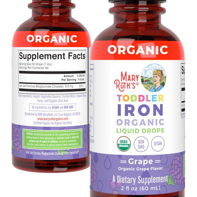 Maryruth'S | USDA Organic Iron Liquid Drops for Children Ages 1-3 | Liquid Iron Supplement | Grape Flavor | Vegan, Non-Gmo | 2 Fl Oz / 60Ml